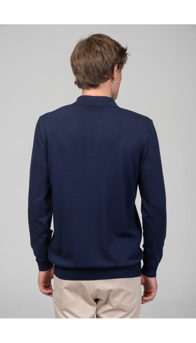 Two Button Down Polo Sweater - Navy - Ron Tomson