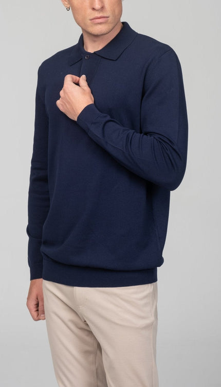 Two Button Down Polo Sweater - Navy - Ron Tomson