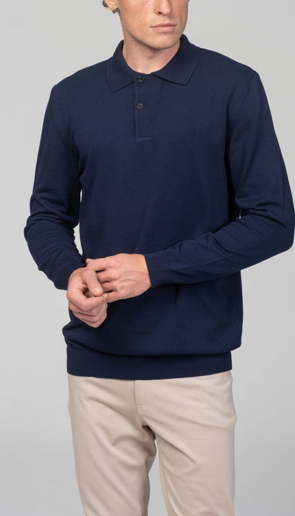 Two Button Down Polo Sweater - Navy - Ron Tomson