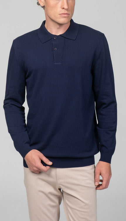 Two Button Down Polo Sweater - Navy - Ron Tomson