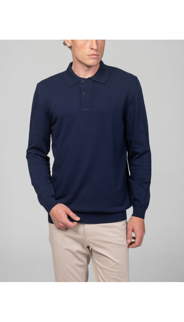 Two Button Down Polo Sweater - Navy - Ron Tomson