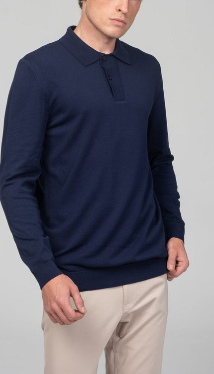 Two Button Down Polo Sweater - Navy - Ron Tomson