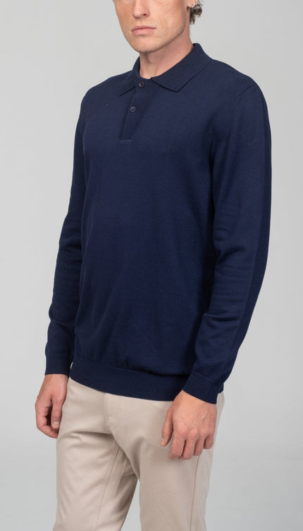 Two Button Down Polo Sweater - Navy - Ron Tomson