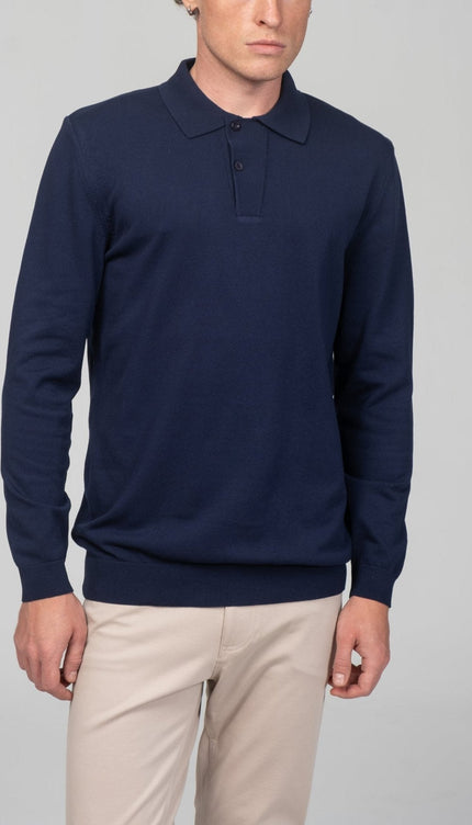 Two Button Down Polo Sweater - Navy - Ron Tomson