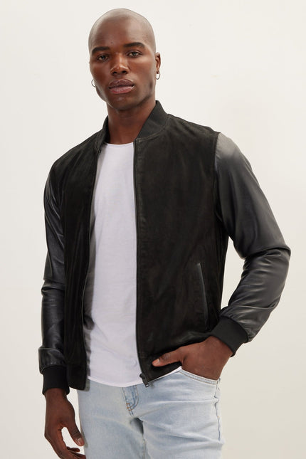 Men's Two Tone Varsity Leather Jacket - Black - Ron Tomson Leather, image 3 of 7