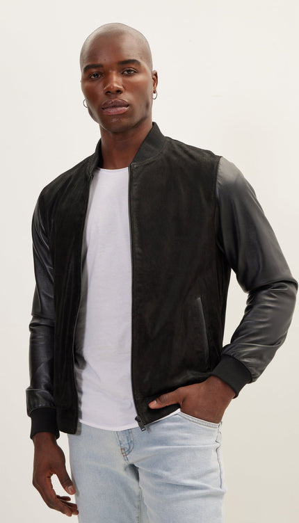 Two Tone Varsity Leather Jacket - Black - Ron Tomson