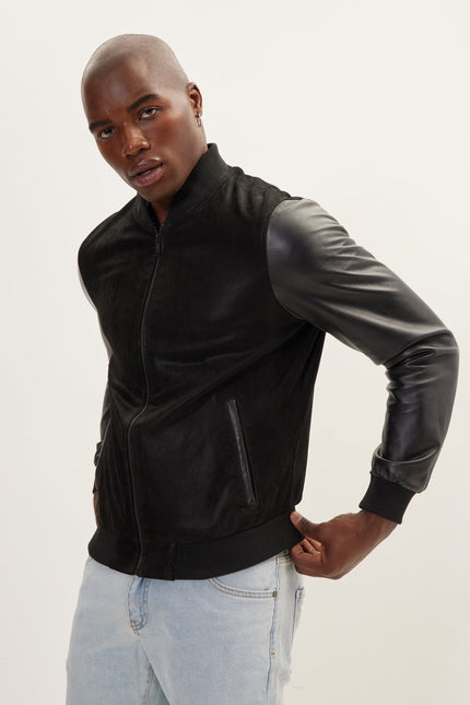 Men's Two Tone Varsity Leather Jacket - Black - Ron Tomson Leather, image 7 of 7