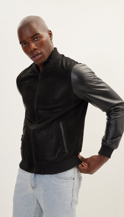 Two Tone Varsity Leather Jacket - Black - Ron Tomson