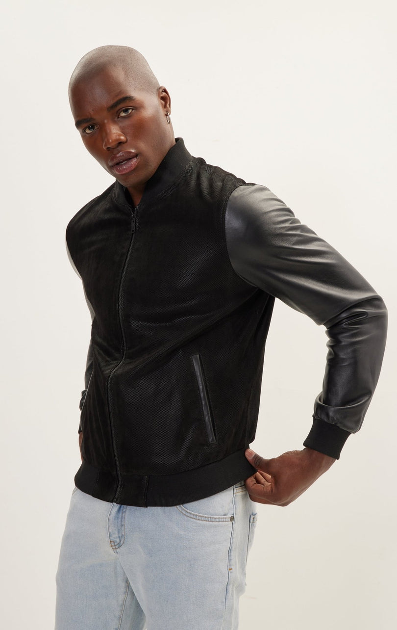 Men's Two Tone Varsity Leather Jacket - Black - Ron Tomson Leather