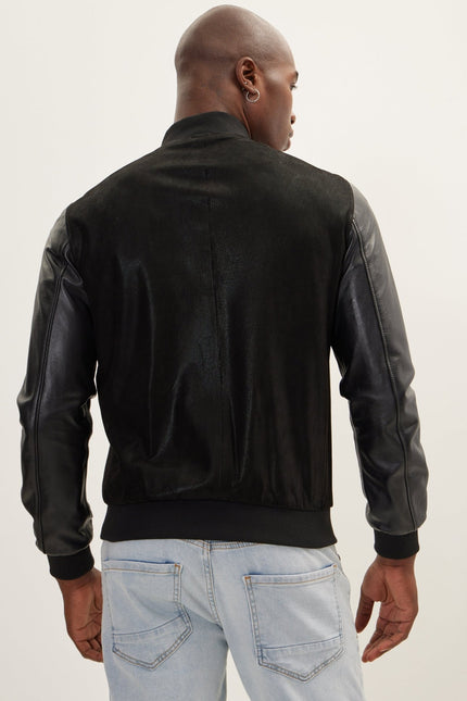 Men's Two Tone Varsity Leather Jacket - Black - Ron Tomson Leather, image 6 of 7
