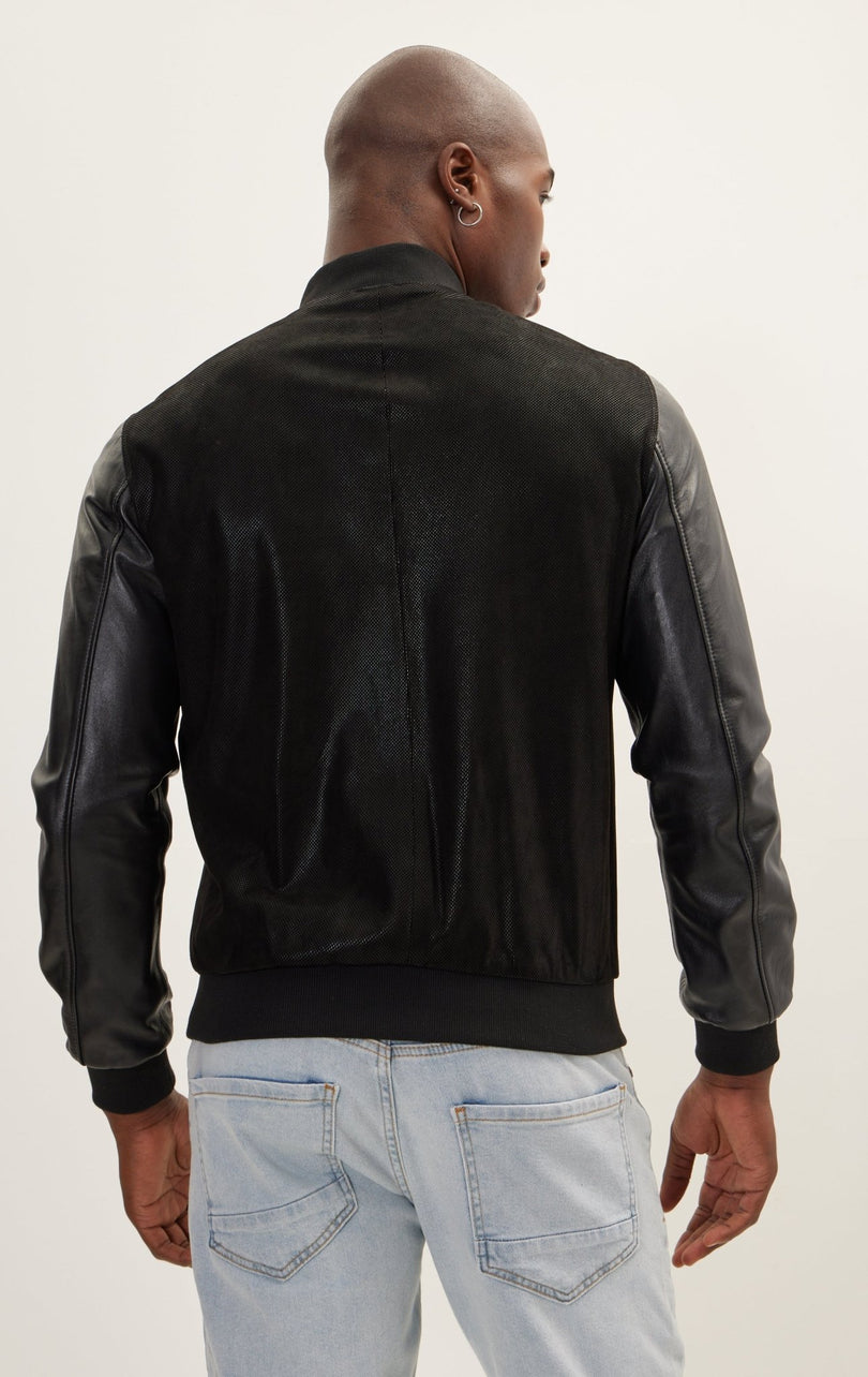 Men's Two Tone Varsity Leather Jacket - Black - Ron Tomson Leather