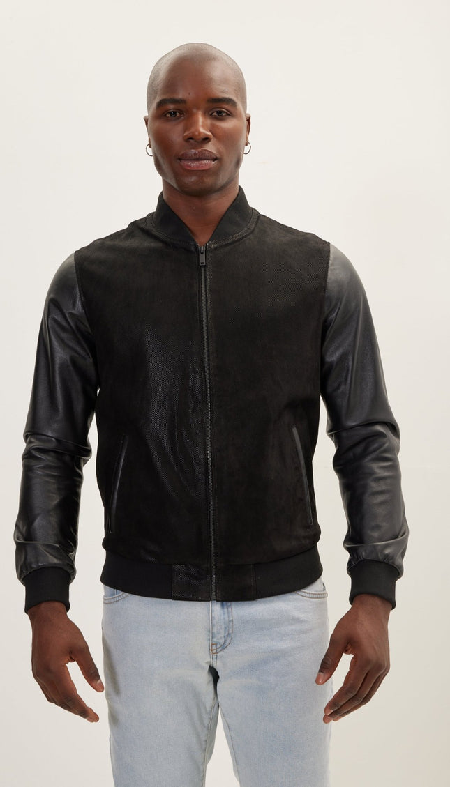 Two Tone Varsity Leather Jacket - Black - Ron Tomson