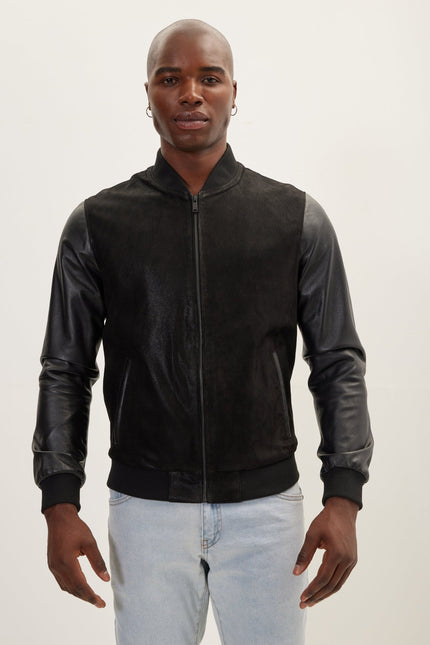 Men's Two Tone Varsity Leather Jacket - Black - Ron Tomson