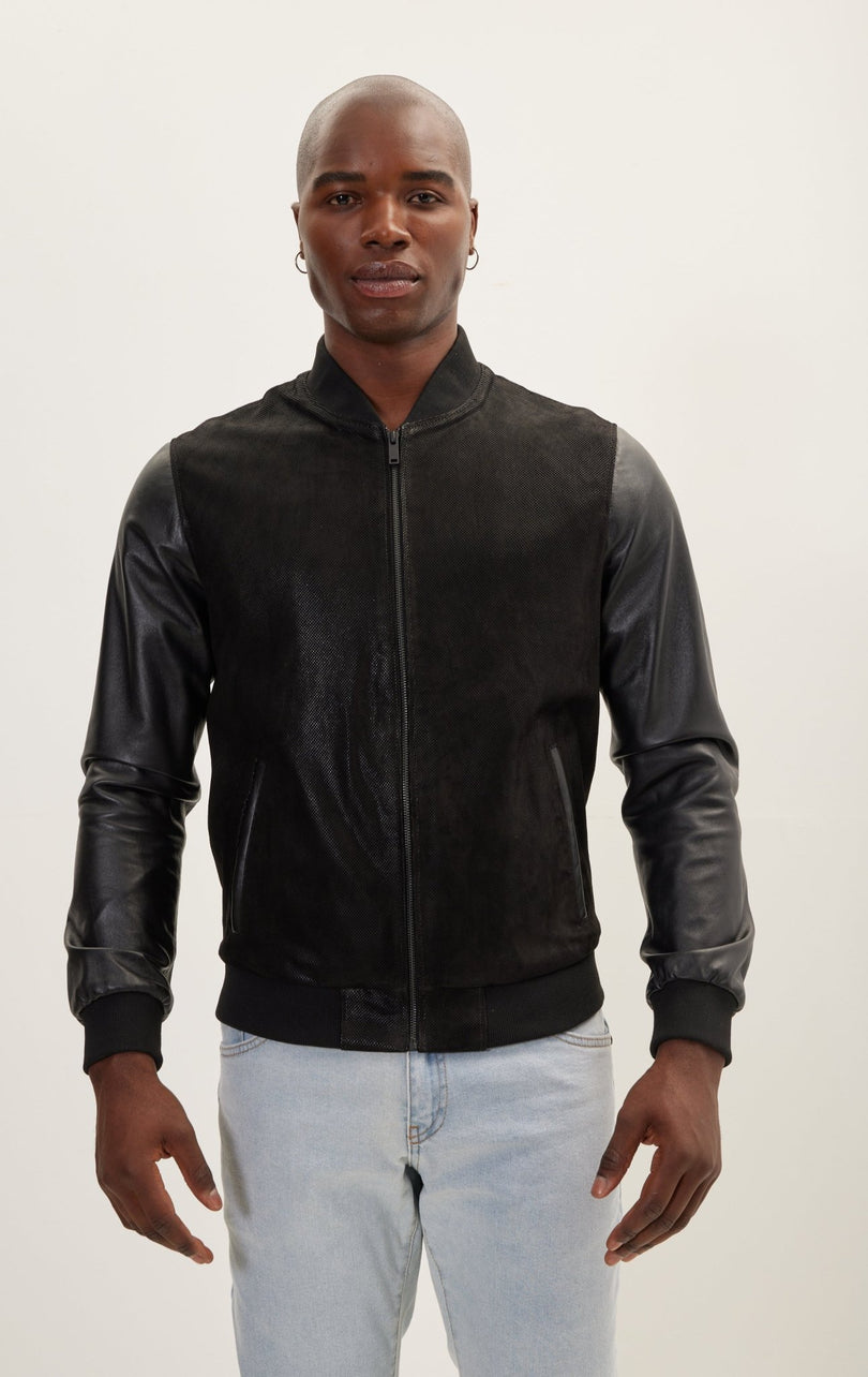 Men's Two Tone Varsity Leather Jacket - Black - Ron Tomson
