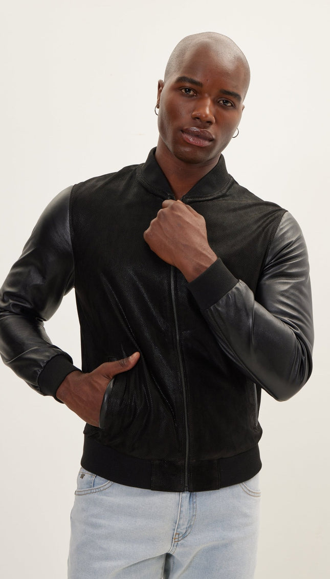 Two Tone Varsity Leather Jacket - Black - Ron Tomson