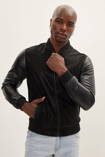 Men's Two Tone Varsity Leather Jacket - Black - Ron Tomson Leather
