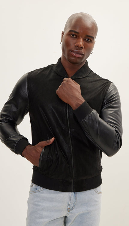 Two Tone Varsity Leather Jacket - Black - Ron Tomson