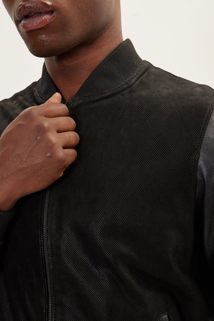 Men's Two Tone Varsity Leather Jacket - Black - Ron Tomson Leather, image 5 of 7