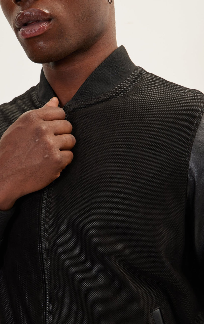 Men's Two Tone Varsity Leather Jacket - Black - Ron Tomson Leather