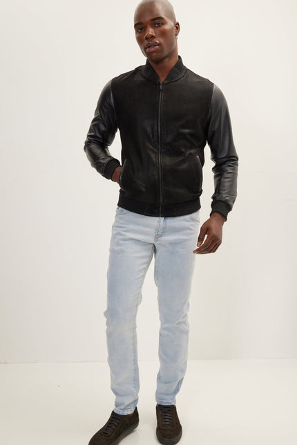 Men's Two Tone Varsity Leather Jacket - Black - Ron Tomson Leather, image 4 of 7