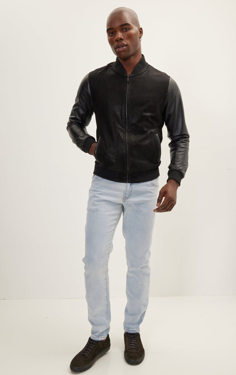 Men's Two Tone Varsity Leather Jacket - Black - Ron Tomson Leather