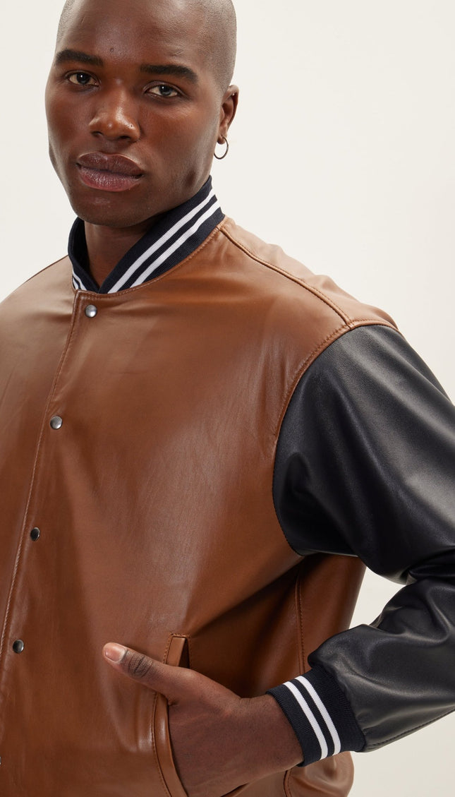 Two Tone Varsity Leather Jacket - Black Brown - Ron Tomson
