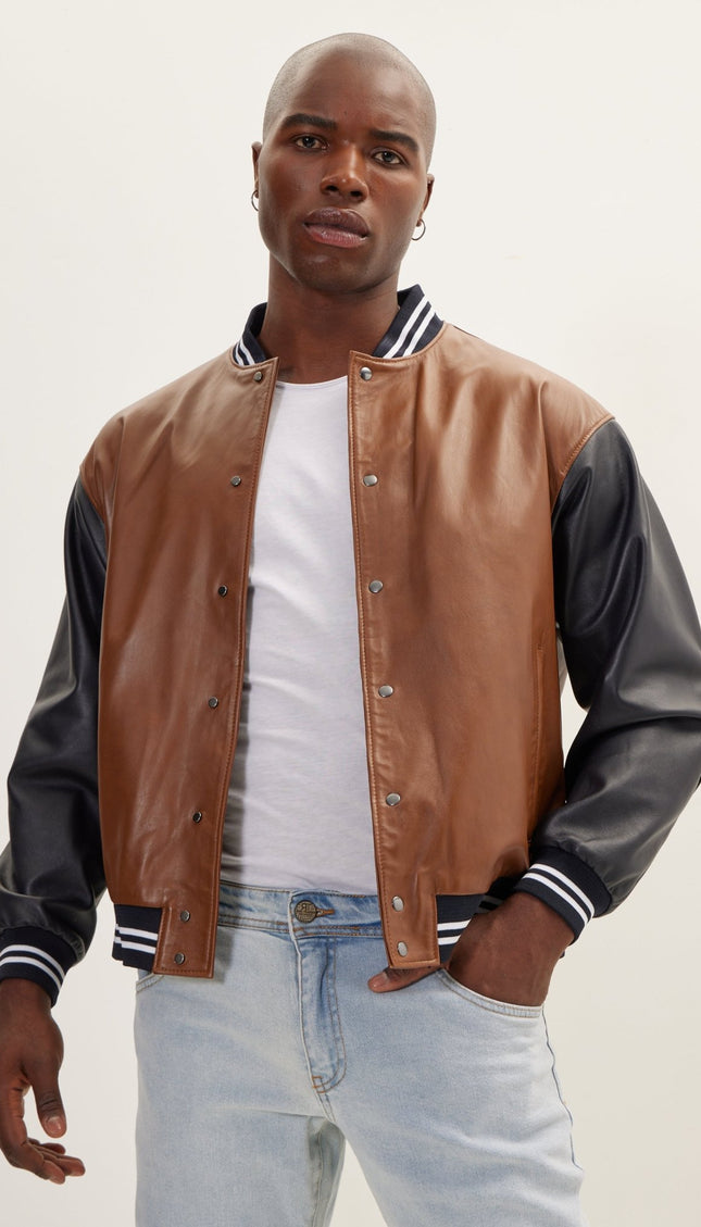 Two Tone Varsity Leather Jacket - Black Brown - Ron Tomson