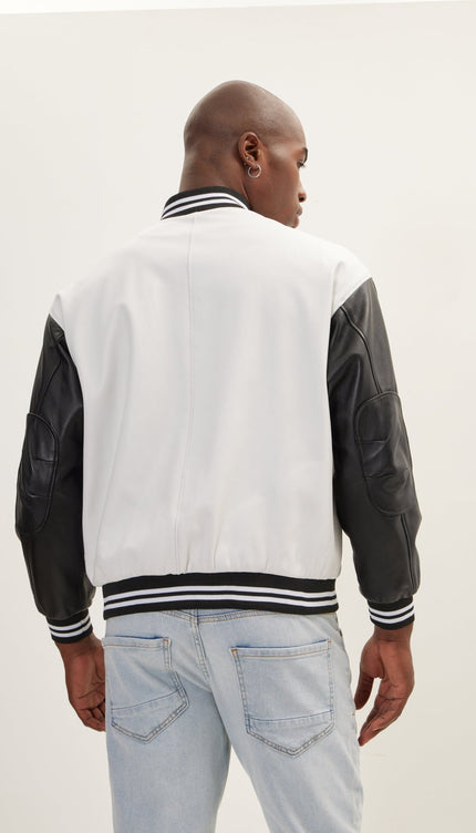 Two Tone Varsity Leather Jacket - White Black - Ron Tomson