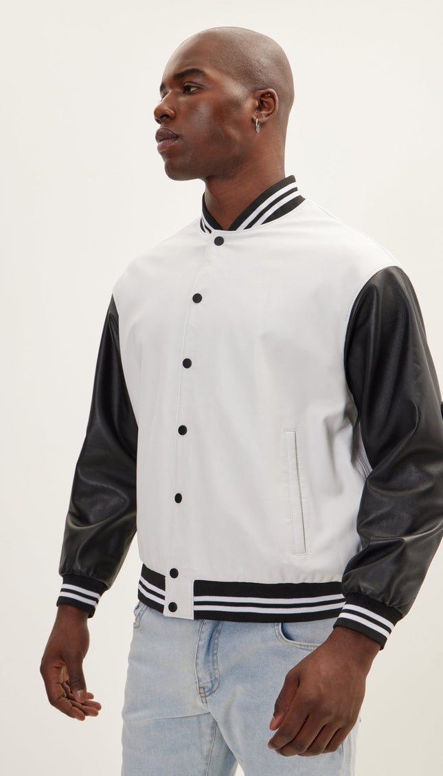 Two Tone Varsity Leather Jacket - White Black - Ron Tomson