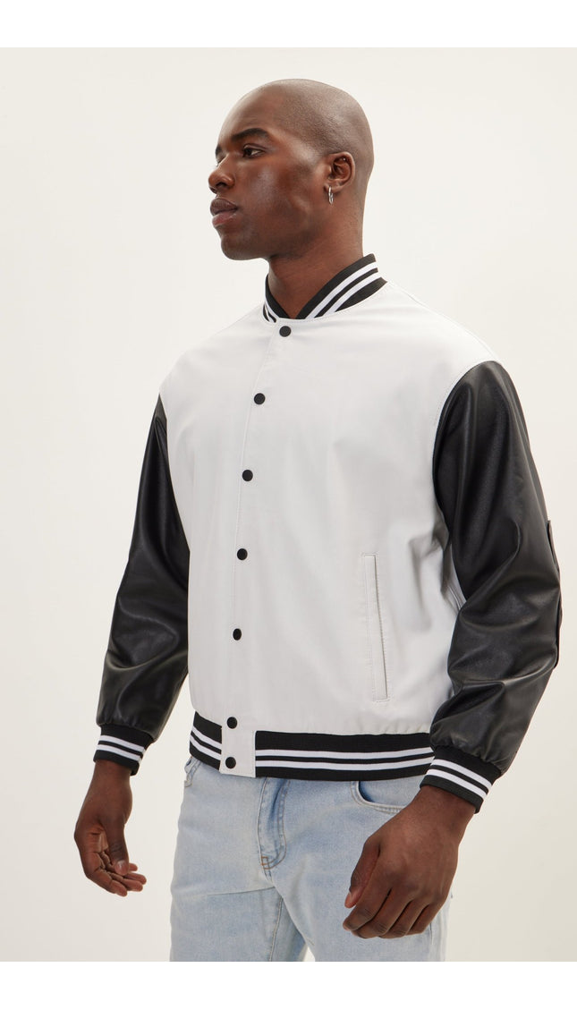 Two Tone Varsity Leather Jacket - White Black - Ron Tomson