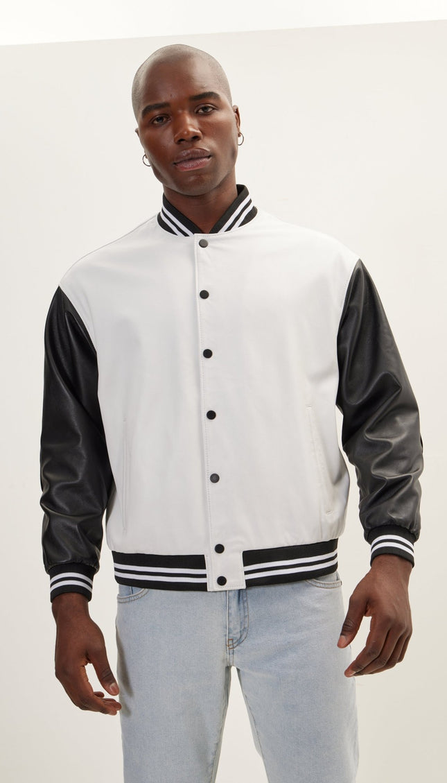 Two Tone Varsity Leather Jacket - White Black - Ron Tomson
