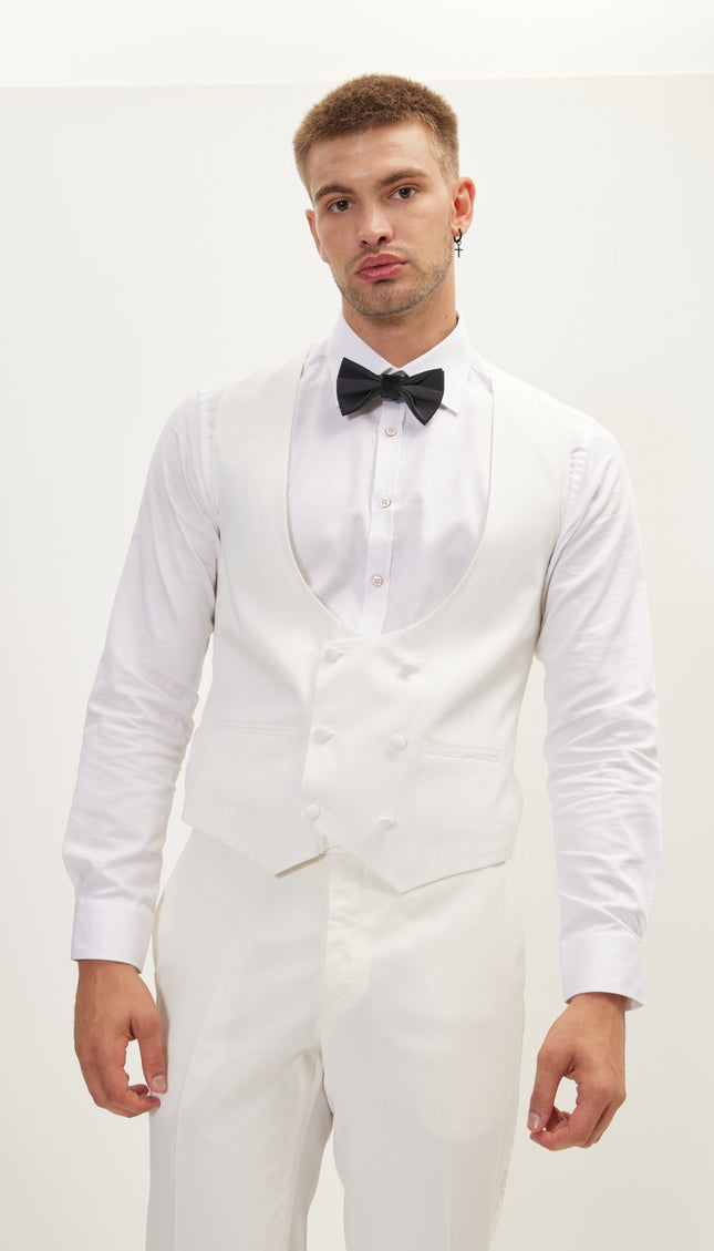 U Shaped Double Breasted Vest - White - Ron Tomson