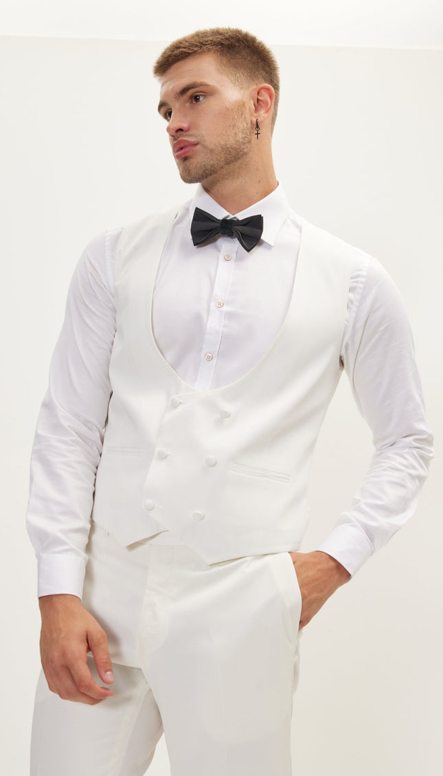 U Shaped Double Breasted Vest - White - Ron Tomson