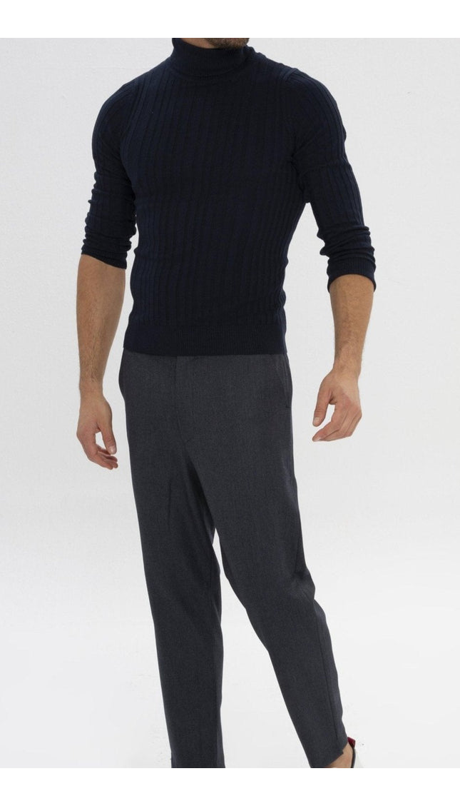 Un-Cuffed Chain Fitted Pants - Navy - Ron Tomson