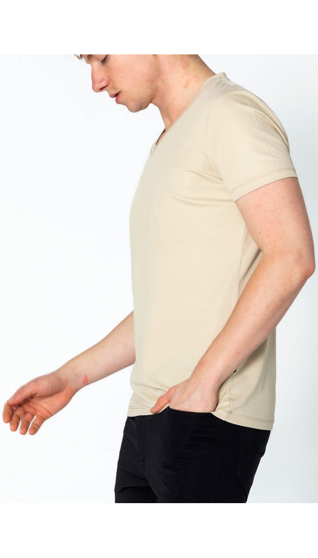 V-neck Fitted Sleeves T-shirt - Beige - Ron Tomson