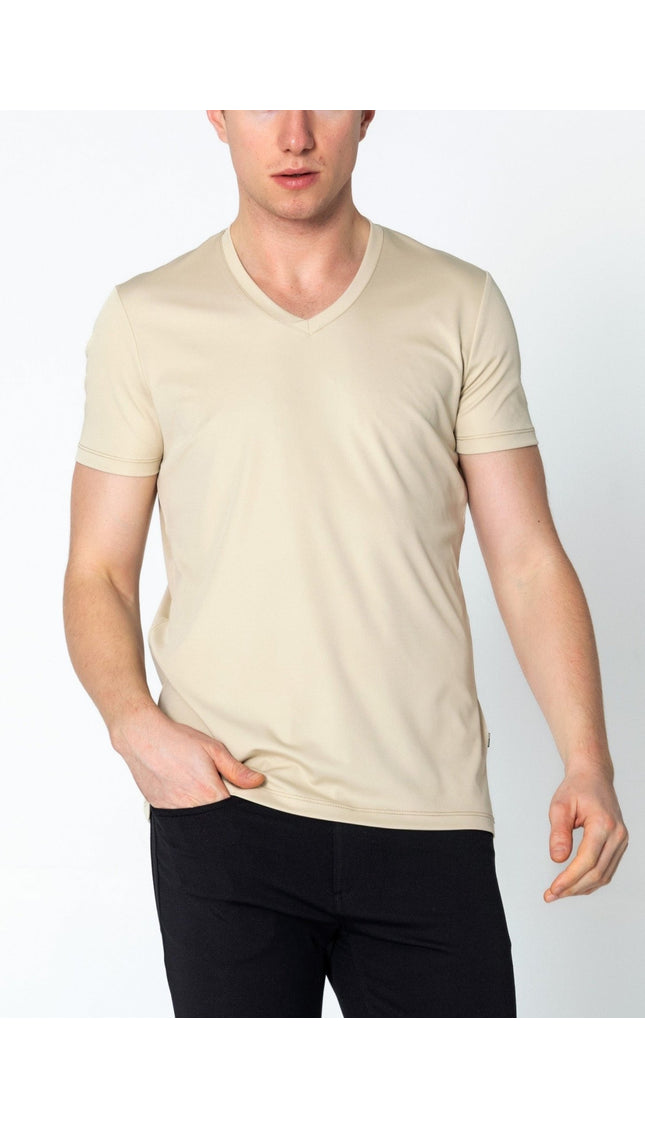 V-neck Fitted Sleeves T-shirt - Beige - Ron Tomson