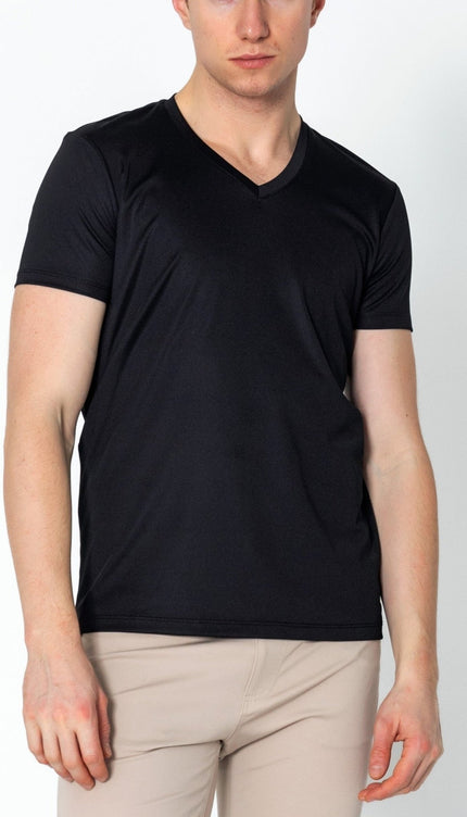 V-neck Fitted Sleeves T-shirt - Black - Ron Tomson