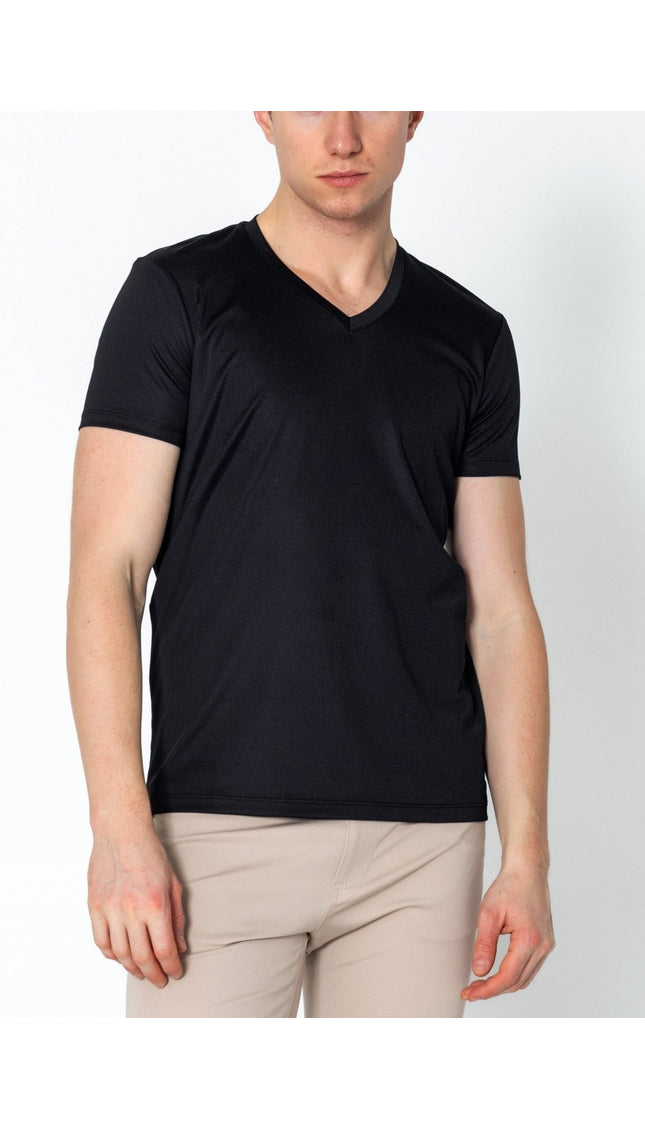 V-neck Fitted Sleeves T-shirt - Black - Ron Tomson