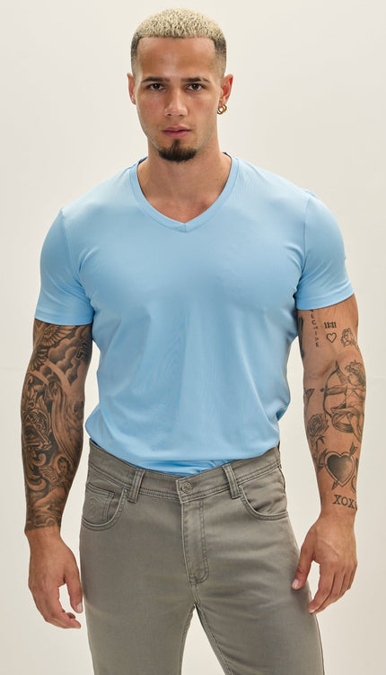 V - neck Fitted Sleeves T - shirt - Blue - Ron Tomson
