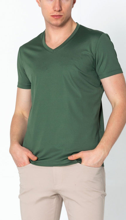 V-neck Fitted Sleeves T-shirt - Khaki - Ron Tomson