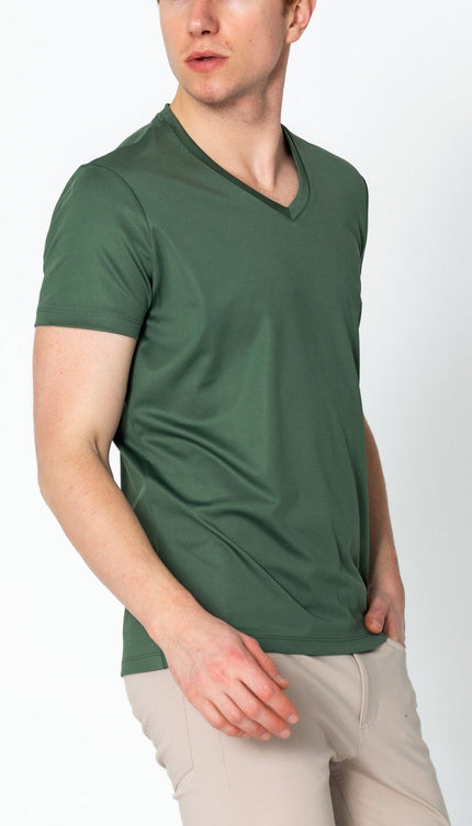 V-neck Fitted Sleeves T-shirt - Khaki - Ron Tomson