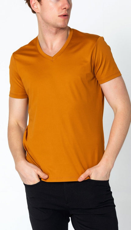 V-neck Fitted Sleeves T-shirt - Mustard - Ron Tomson