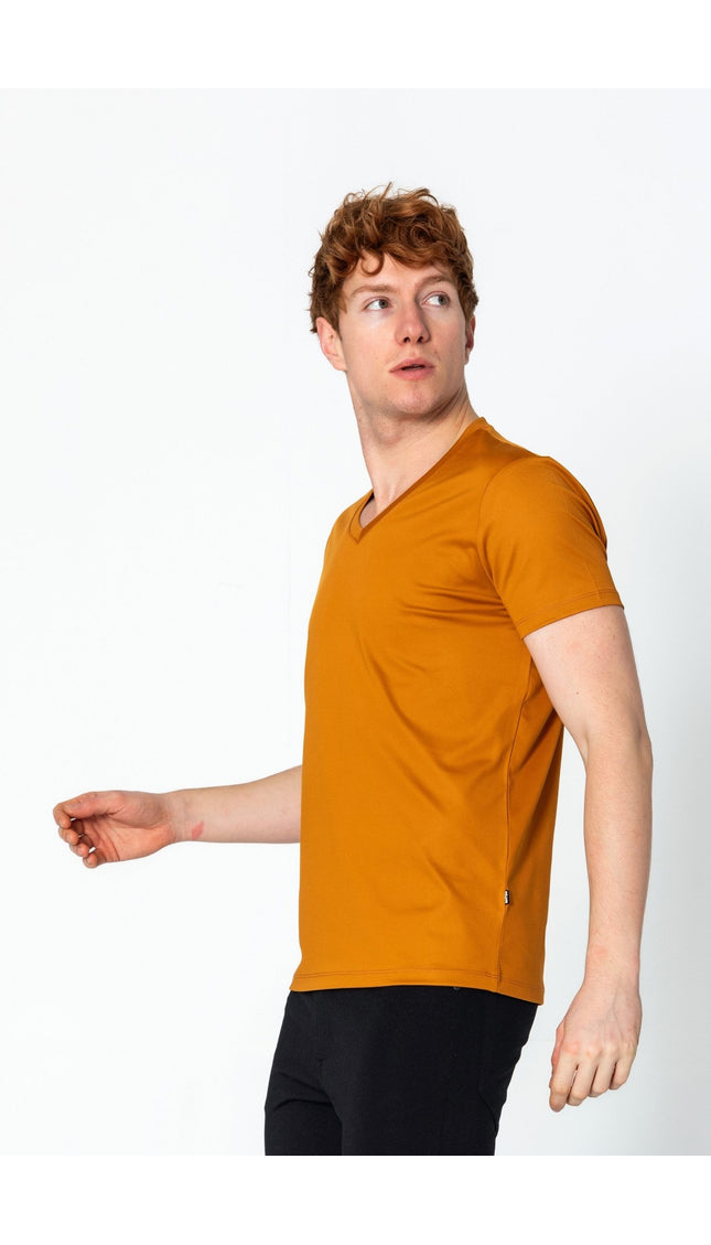 V-neck Fitted Sleeves T-shirt - Mustard - Ron Tomson
