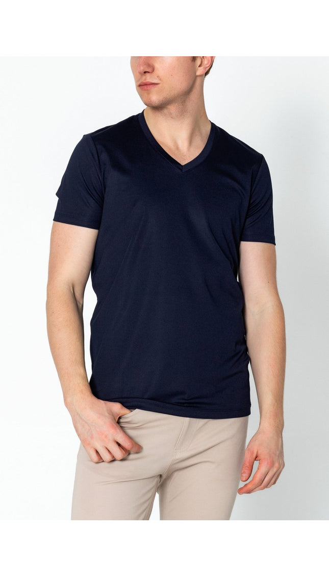 V-neck Fitted Sleeves T-shirt - Navy - Ron Tomson