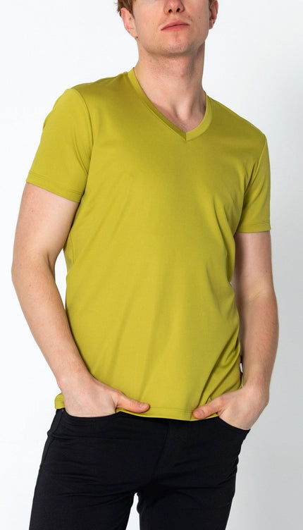 V-neck Fitted Sleeves T-shirt - Oil Green - Ron Tomson