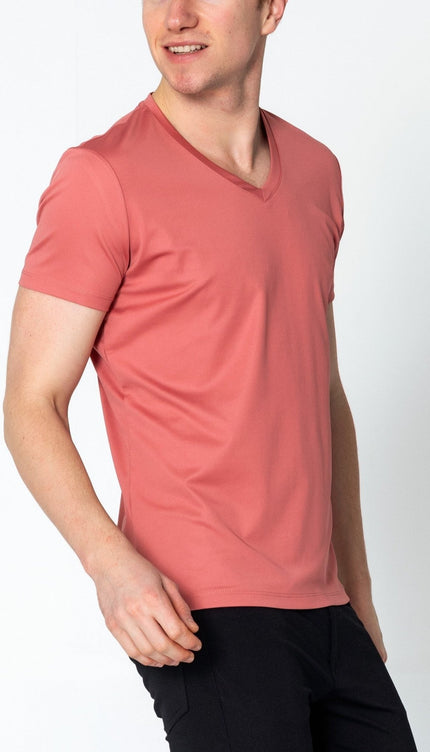 V-neck Fitted Sleeves T-shirt - Pink - Ron Tomson