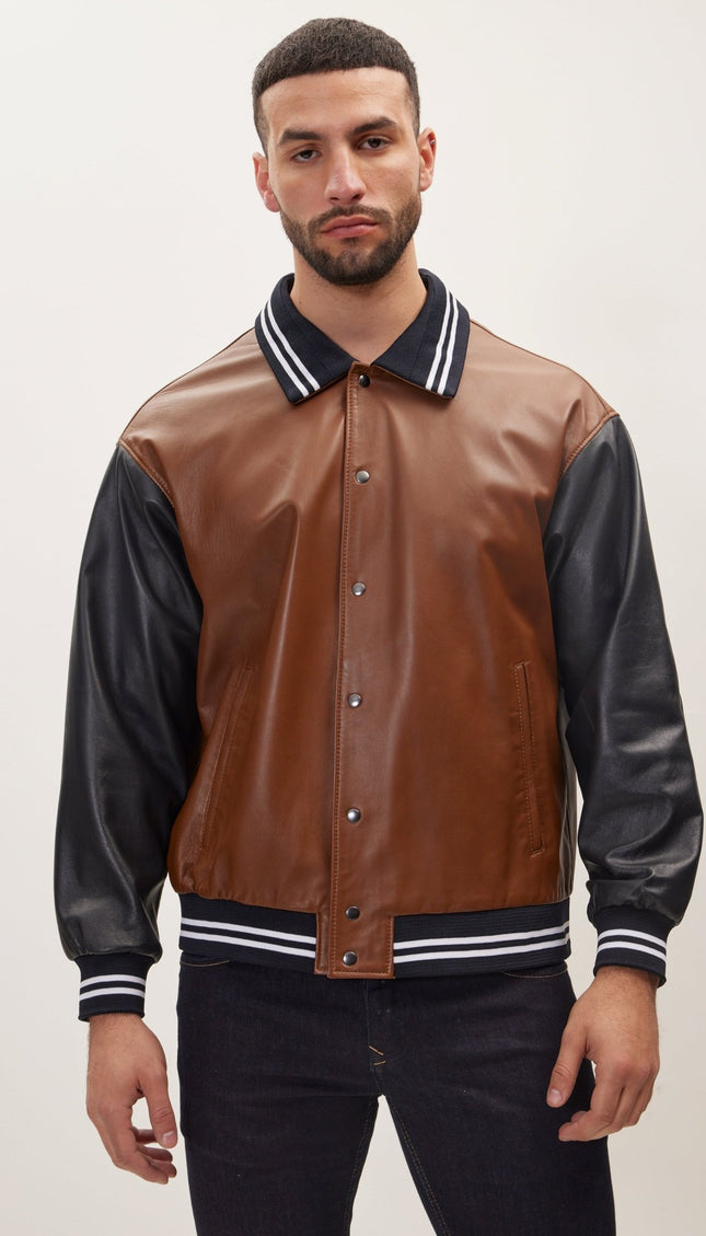 Varsity Leather Jacket With Polo Neck - Black Brown - Ron Tomson