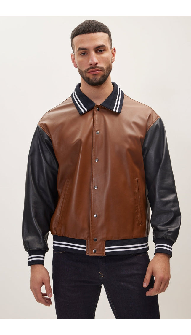 Varsity Leather Jacket With Polo Neck - Black Brown - Ron Tomson