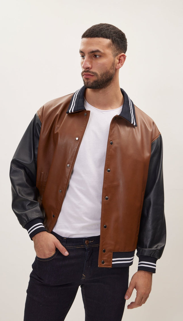 Varsity Leather Jacket With Polo Neck - Black Brown - Ron Tomson