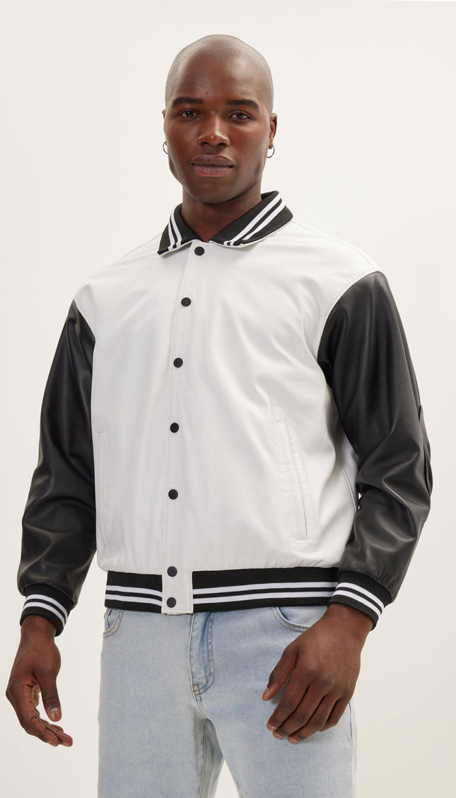 Varsity Leather Jacket With Polo Neck - White Black - Ron Tomson